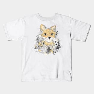 small golden fox with floral decoration Kids T-Shirt